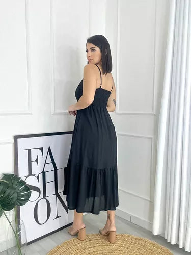 Vestido Feminino Midi Com Botões Alças Finas Com Babado