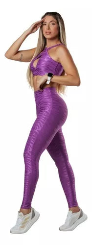 Conjunto Top Alças Cruzadas Legging Cintura Alta Brilhante
