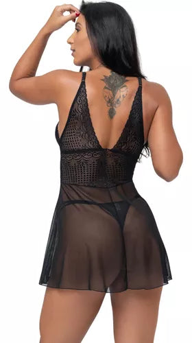 Camisola Tule Transparente Sensual Calcinha Fio Dental Noite