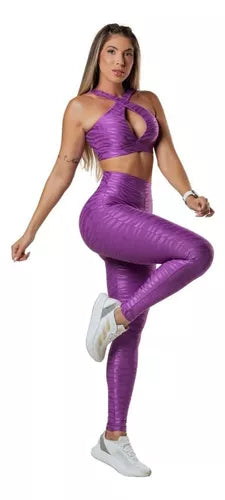 Conjunto Top Alças Cruzadas Legging Cintura Alta Brilhante