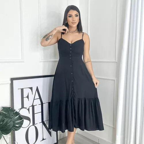 Vestido Feminino Midi Com Botões Alças Finas Com Babado