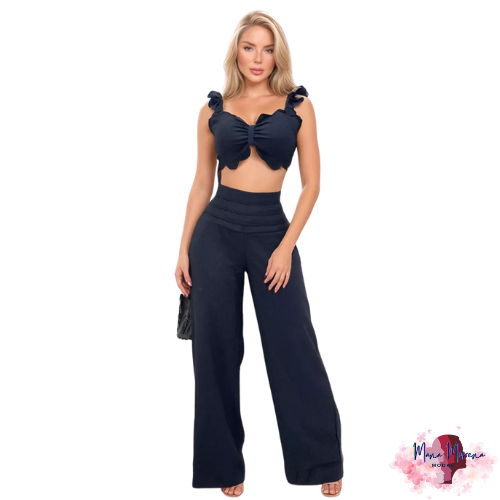 Conjunto Feminino Longo Cropped Com Babado E Calça Pantalona